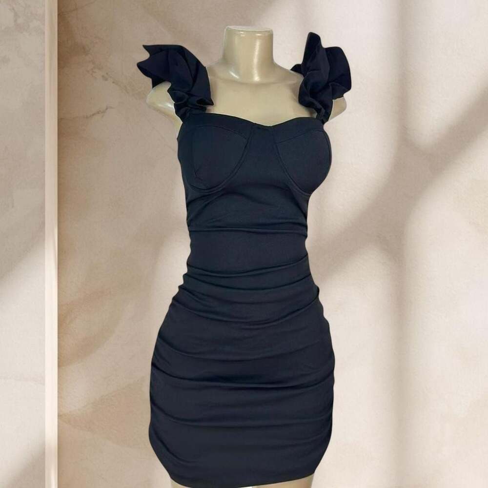 Black Ruched Mini Dress – Ruffle Strap Bodycon Corset Style Sexy Elegant ✧ L - Picture 1 of 4